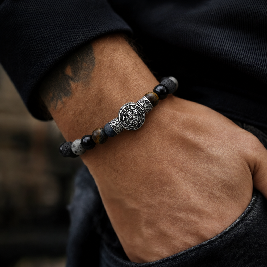 Kralenarmband met Noords symbool en edelsteen – heren