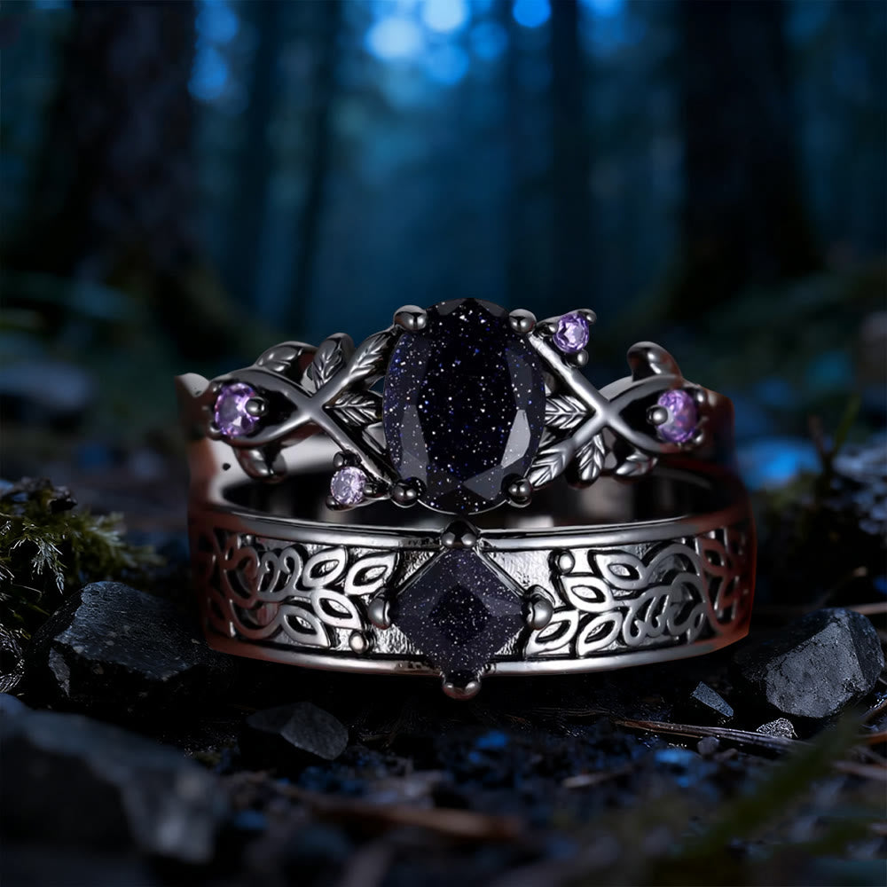 Ringenset met blad en blauwe zandsteen (2 stuks)