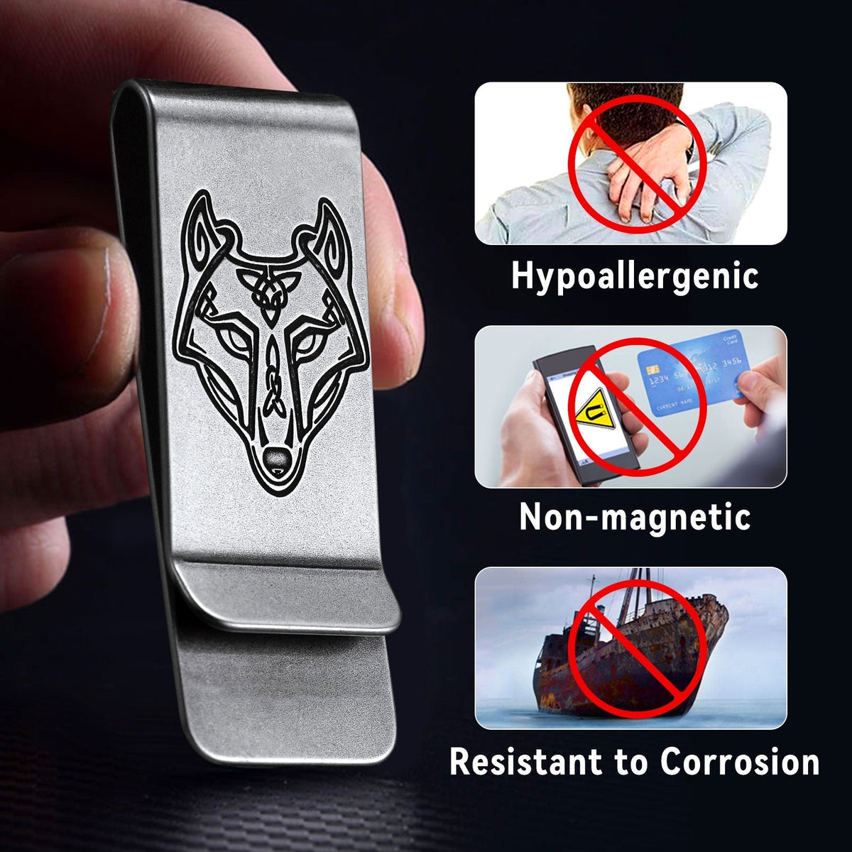 Viking Fenrir Keltisch Wolf Money Cash Clip Slim Credit Card Holder