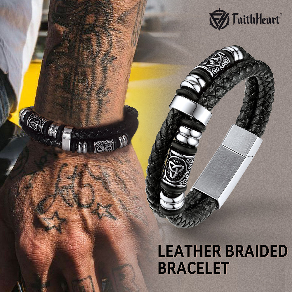 Viking Zwart Gegraveerde Leather Gevlochten Wristband Armband voor heren